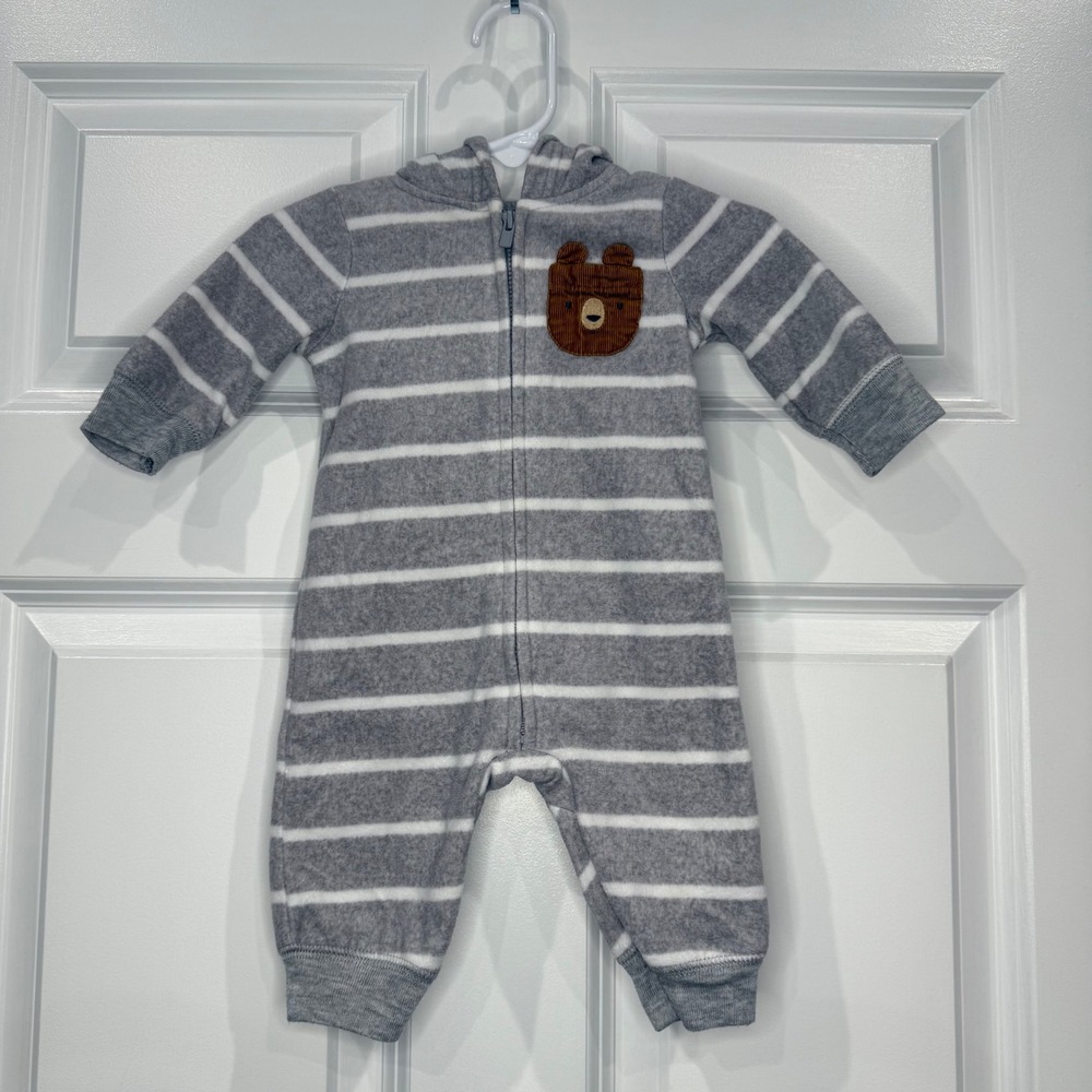 Carters Baby Fleece Pajama Sleepsuit Footie Grey White Stripe Bear Size 3 Months